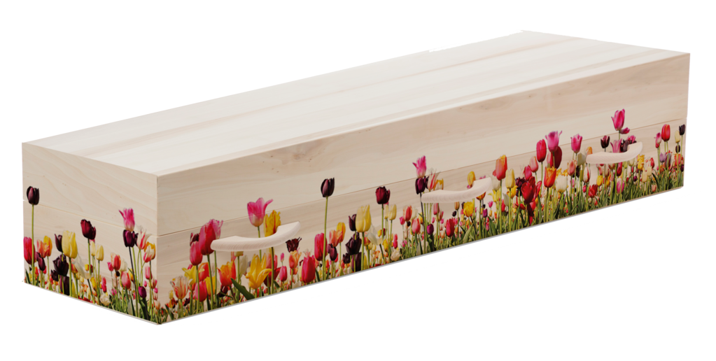 Persoonlijke uitvaartkist beerenberg tulpen rondom kleur-1
